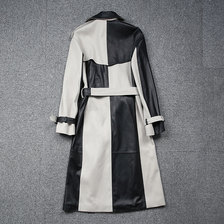 Splicing Long Casual Waist Wind Leather Coat